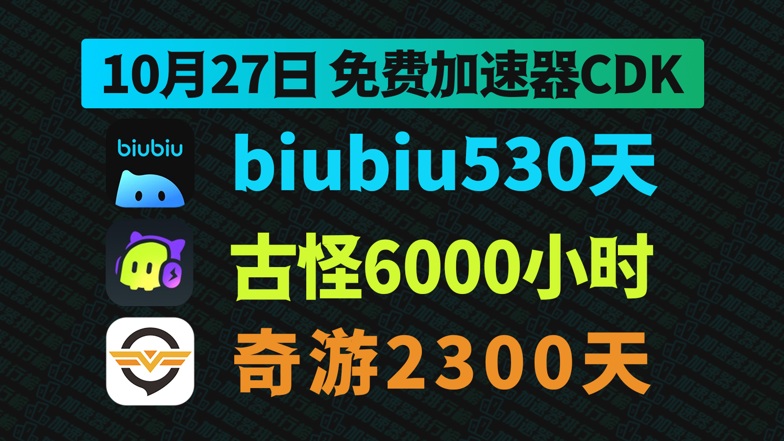 10月27日最新biubiu加速器兑换码！古怪兑换码CDK！奇游口令！每人都有！