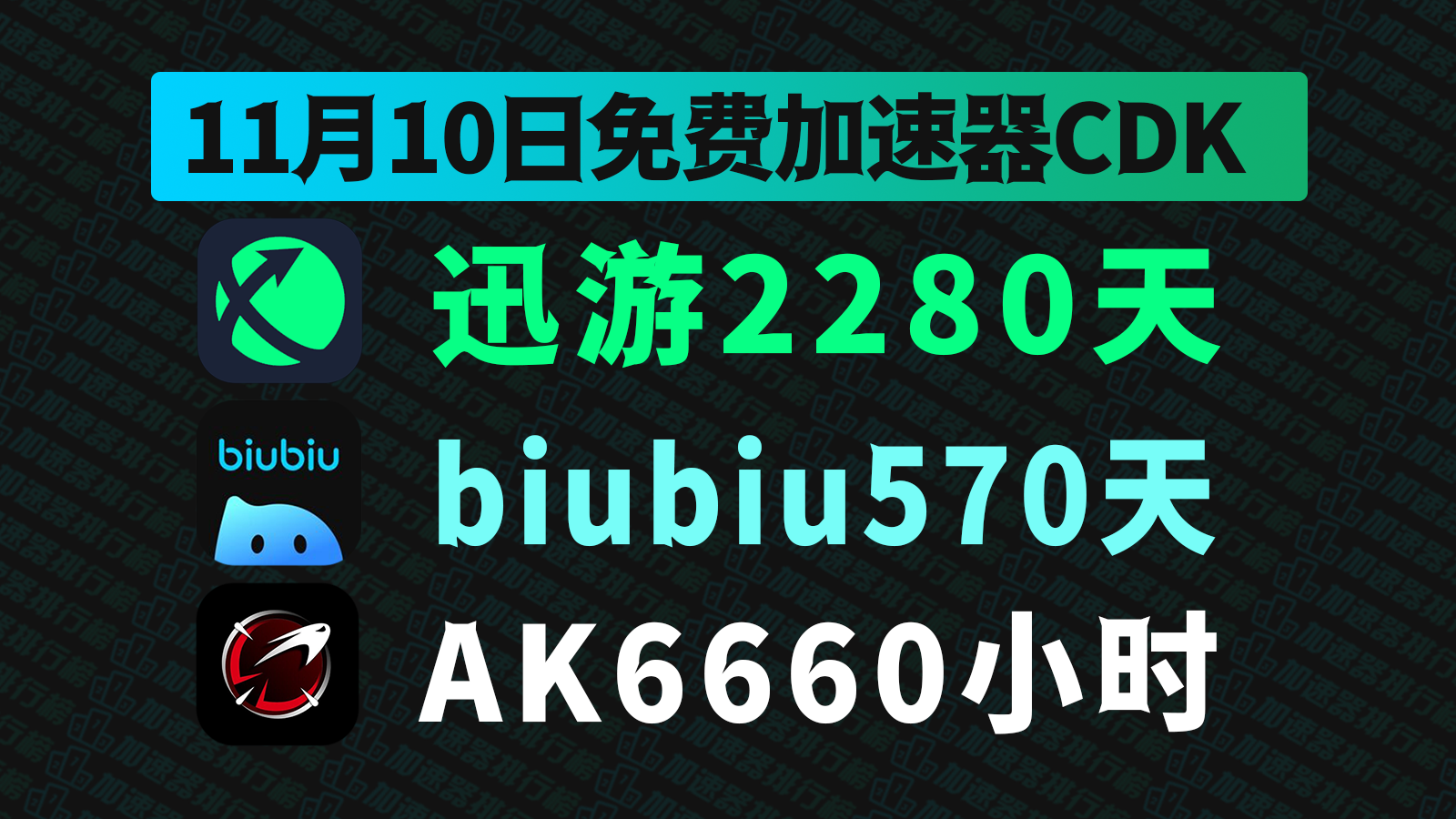 11月10日最新biubiu加速器兑换码！迅游兑换码CDK！AK口令！每人都有！