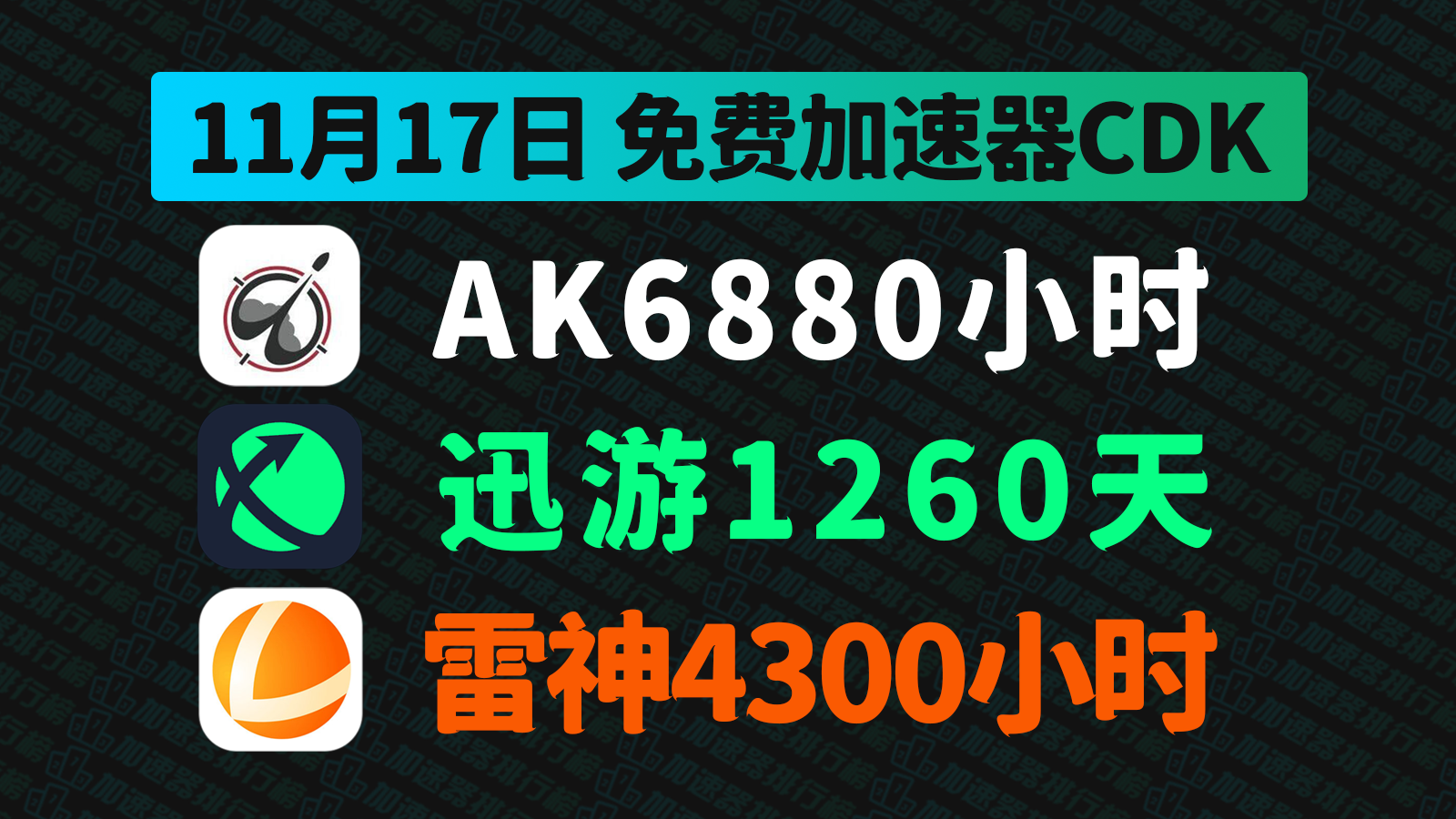 11月17日最新AK加速器兑换码！迅游兑换码CDK！雷神口令！每人都有！