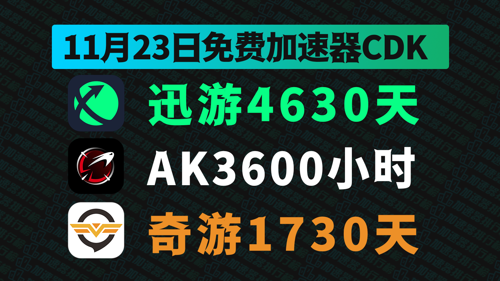 11月23日最新迅游加速器兑换码！奇游兑换码CDK！AK口令！每人都有！