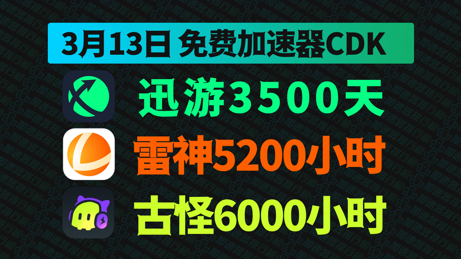 别眨眼！3月13日雷神加速器兑换码CDK来袭，迅游/古怪口令卡等你领！