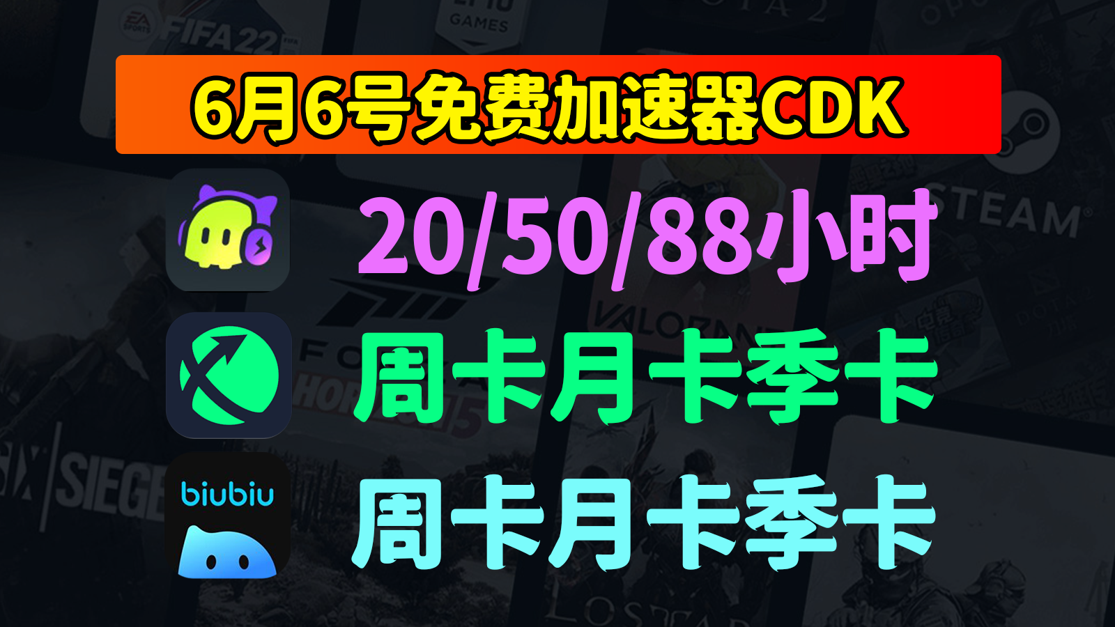 6.6福利！古怪加速器/迅游/biubiu兑换码口令0元抢，稳如老狗！