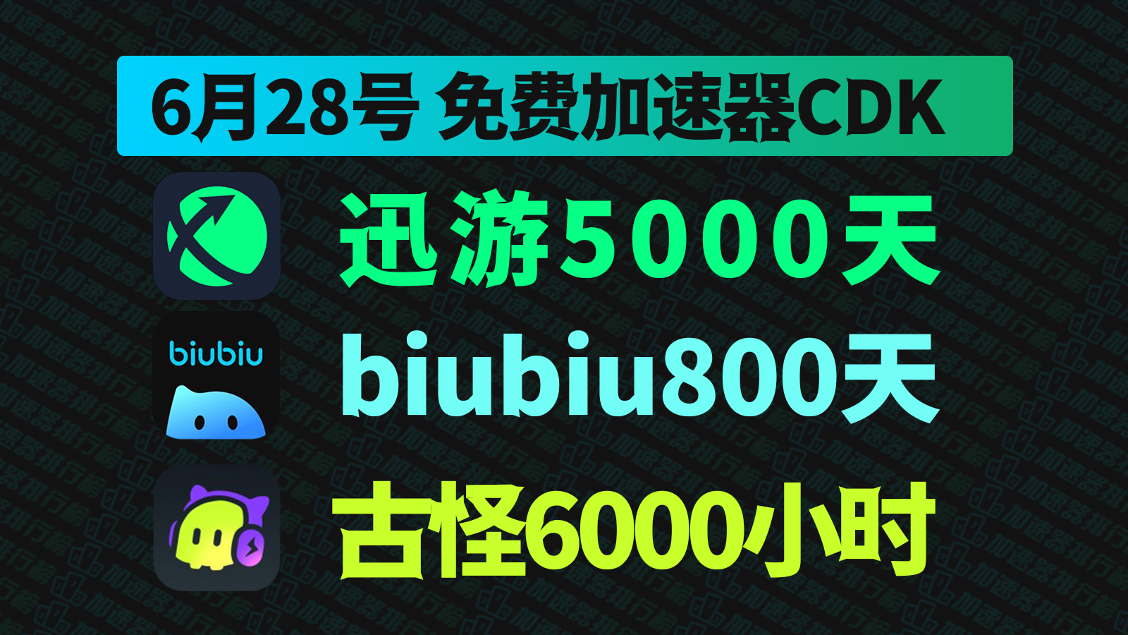 6.28福利！biubiu加速器/迅游/古怪兑换码口令免费领，CDK人手一份！