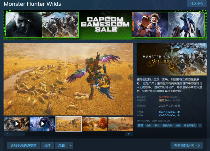《怪物猎人：荒野》Steam新史低278元，多款经典大作骨折价
