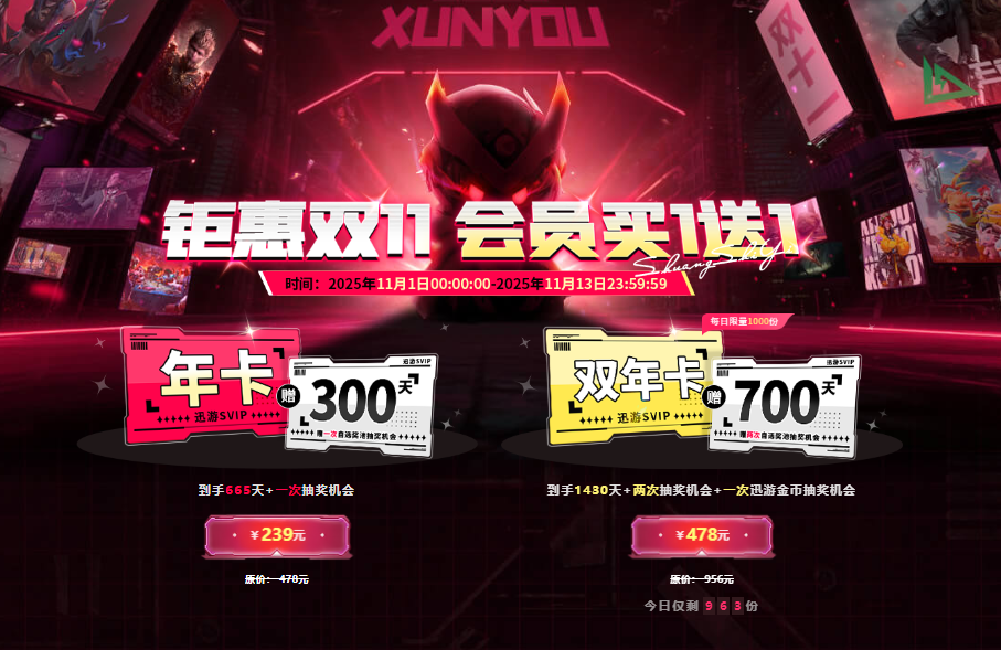 迅游加速器双十一钜惠来袭！SVIP 买一送一，3A 大作免费抽！