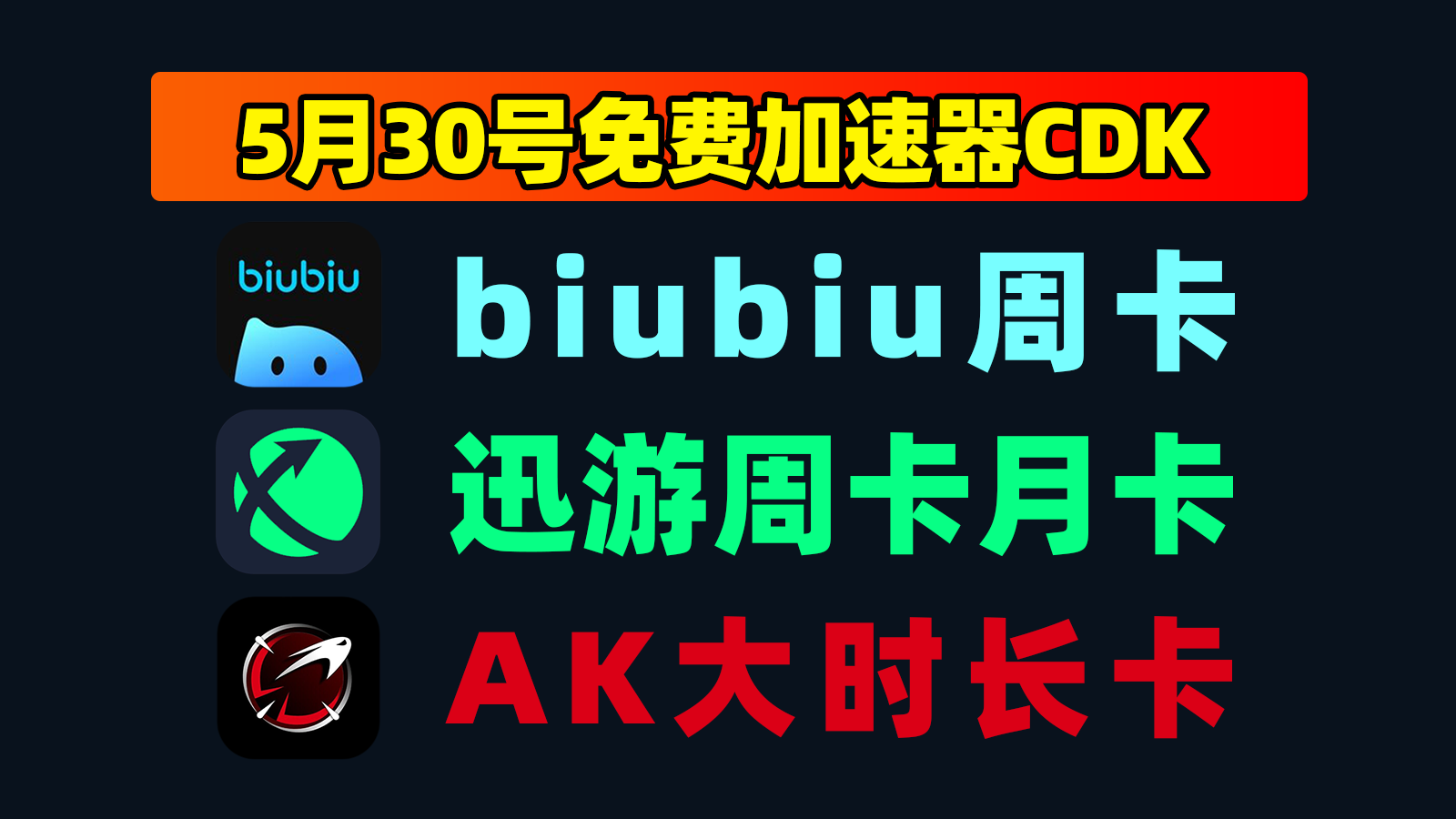 5.30大放送，迅游加速器口令周卡+AK月卡，领完即止！