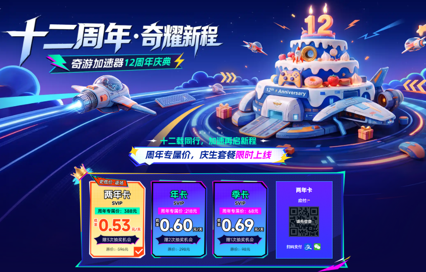 奇游加速器十二周年大促x奇耀新程！SVIP低至0.53元/天！